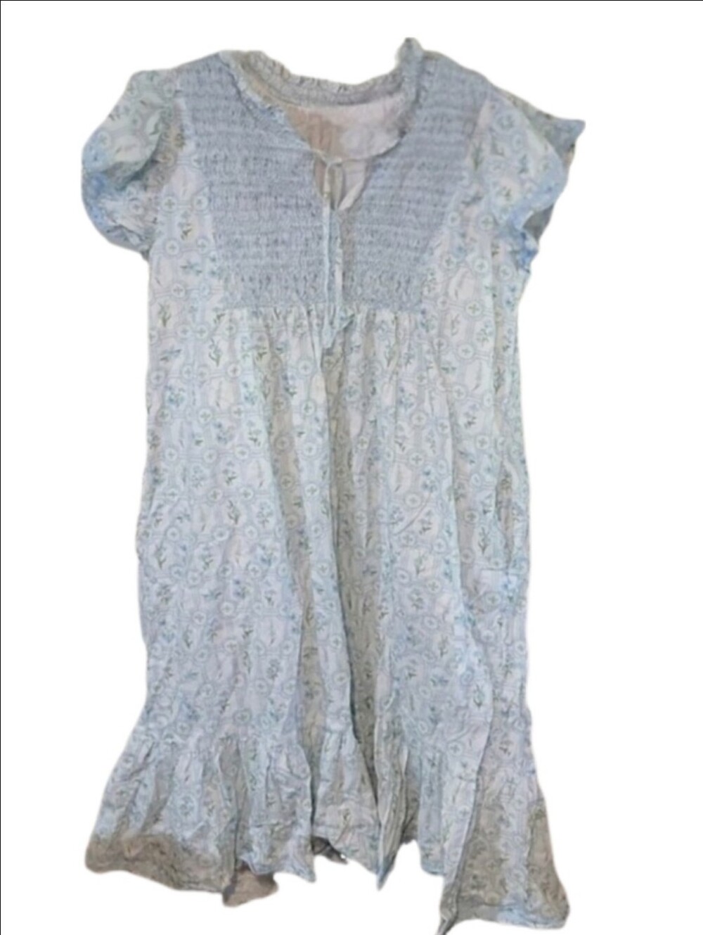 Smockingbird Smocked Floral Flower White Blue Sundress Dress Smock Large